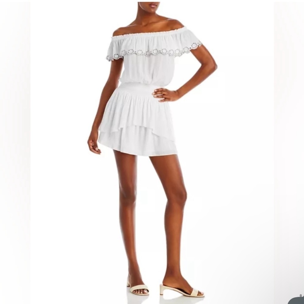 Ramy Brook Cynthia Ivory Off The Shoulders Smocked Mini Dress.Size M